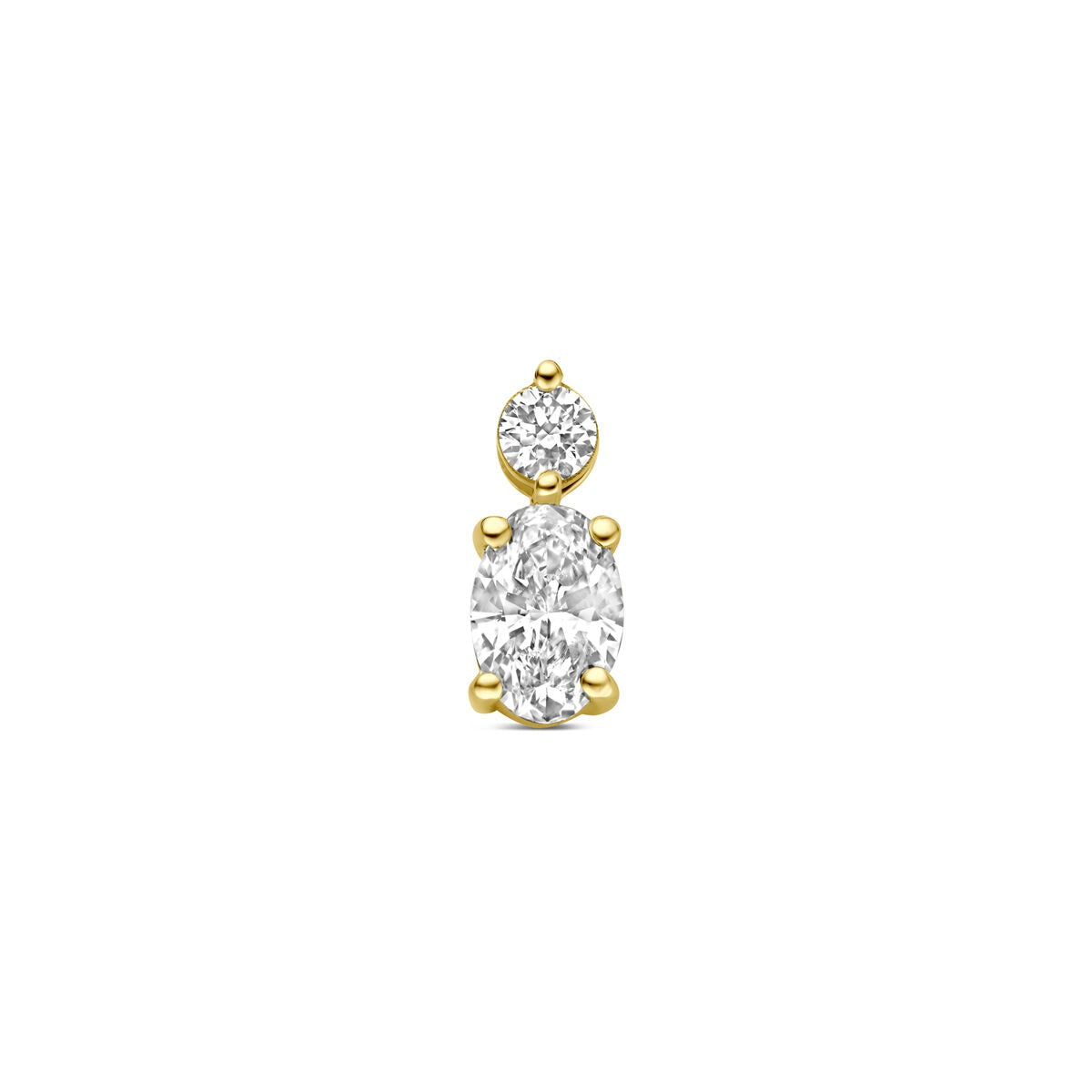 Colgante de oro amarillo de 14k con diamante lab-grown, con dos piedras brillantes en forma ovalada y redonda.