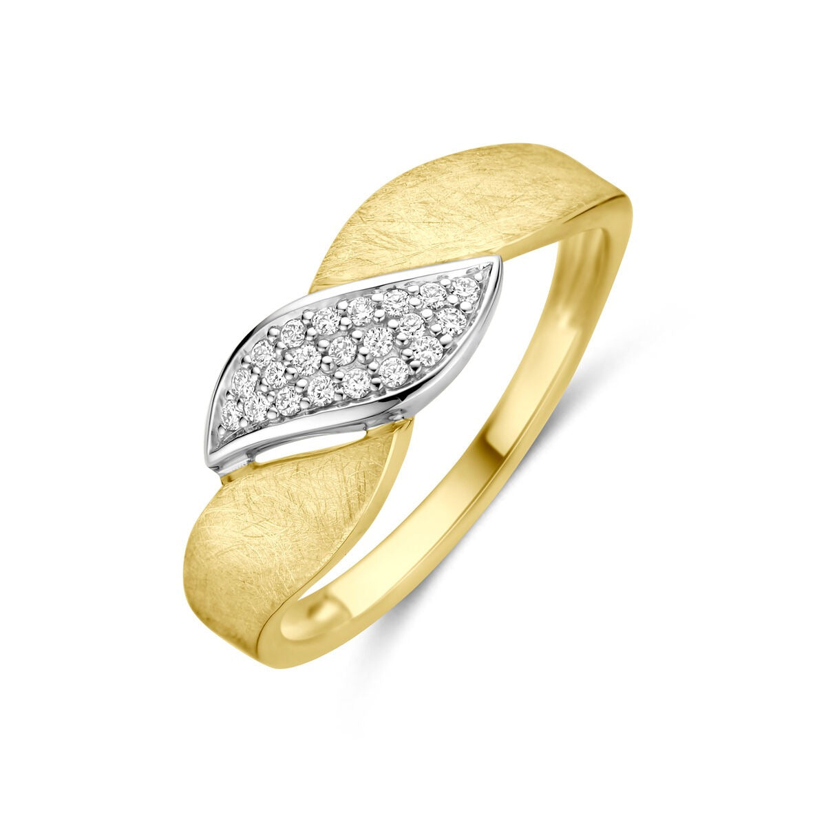 Anillo bicolor de oro amarillo y blanco con acabado mate, decorado con diamantes de 0.08 ct.