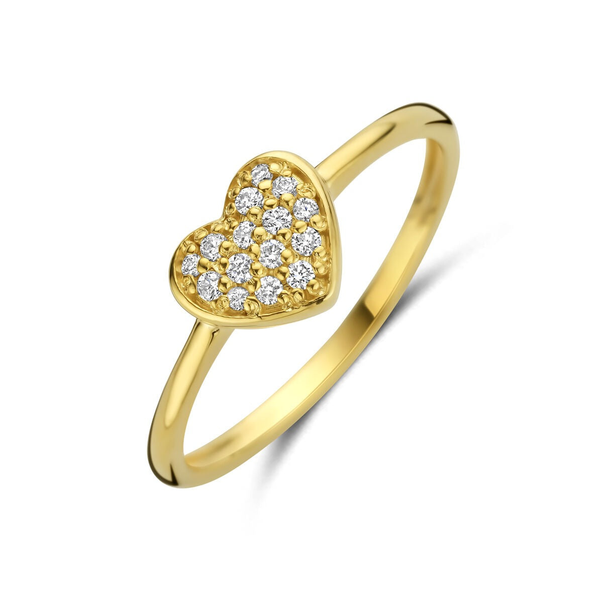 Anillo de oro amarillo de 14k con forma de corazón y diamantes de 0.10 ct.