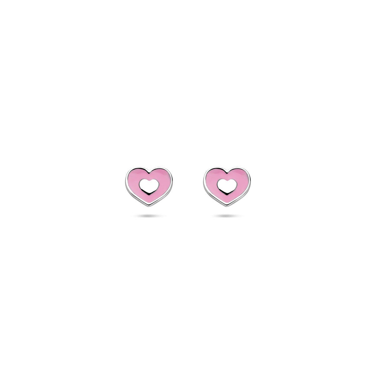 Pendientes de primera puesta en forma de corazón, con esmalte rosa y detalle en plata de ley 925.