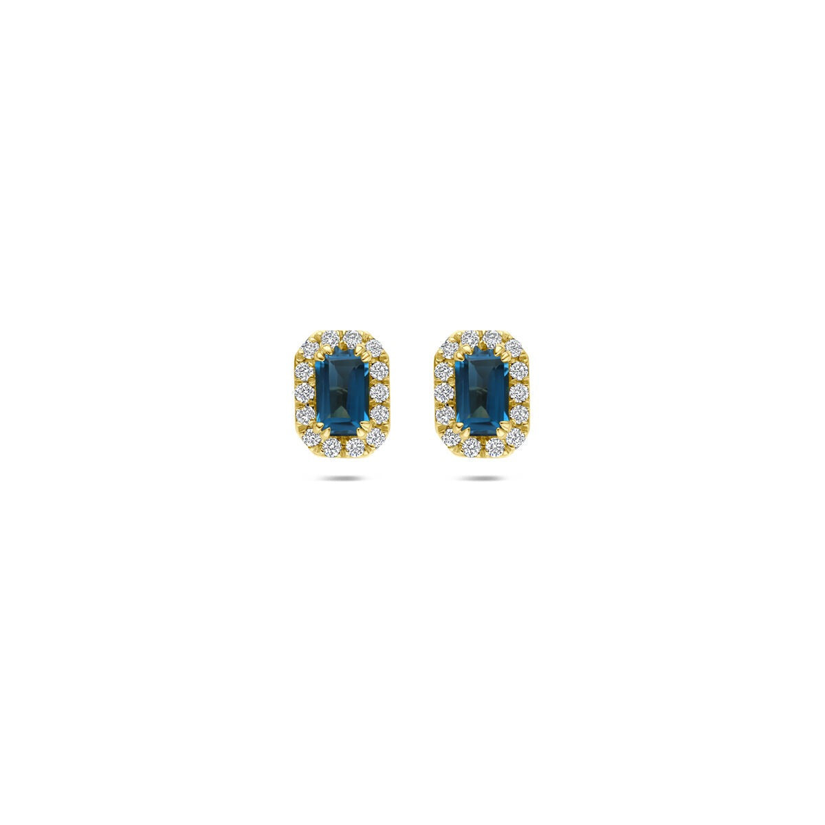 Pendientes de oro amarillo de 14k con topacio azul de Londres y diamantes cultivados en laboratorio.
