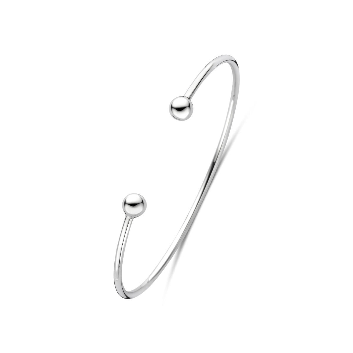 Pulsera de plata 925 rodiada con diseño abierto y bolas en los extremos.