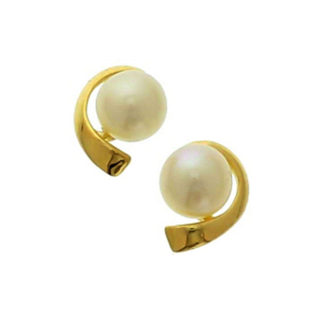 Pendientes de oro de 14k con perlas de agua dulce, en forma curva y brillante.