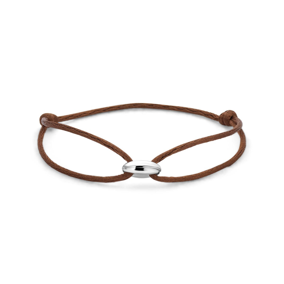 Bruine satijnen armband met een zilveren koffieboon in het midden.