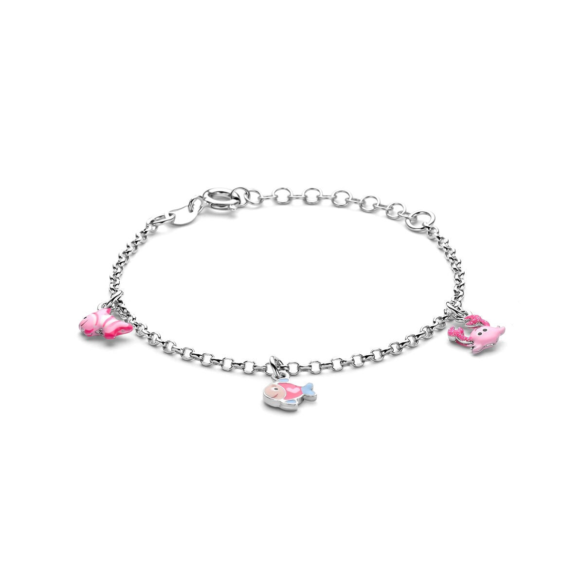 Pulsera infantil de plata rodiada 925 con charms de animales marinos en colores rosa y azul.
