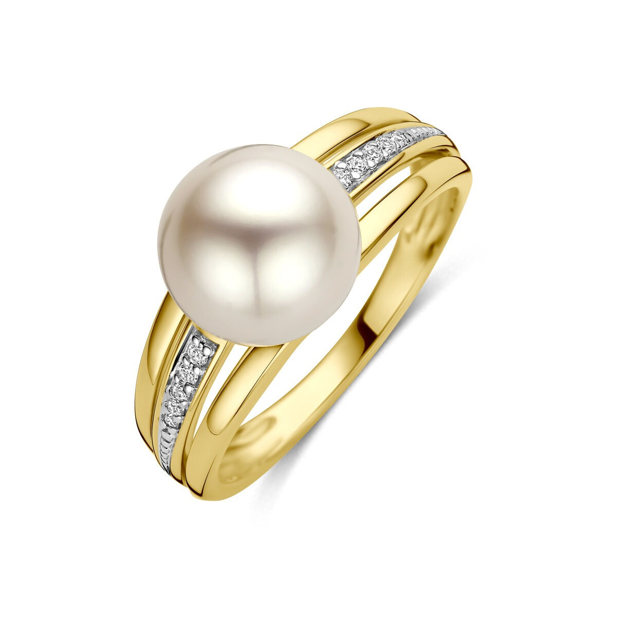 Anillo de oro amarillo de 14k con perla y diamantes en los laterales.