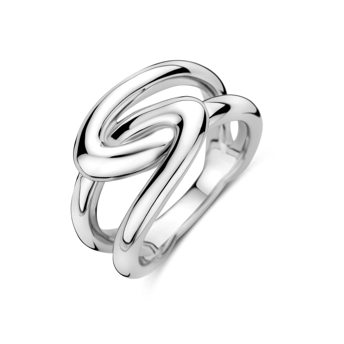 Anillo de dama en plata de ley 925, con acabado rodiado, de 12 mm de ancho y diseño entrelazado.