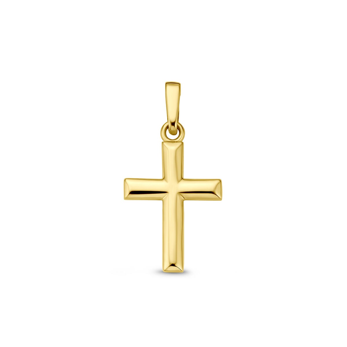 Colgante de cruz en oro amarillo de 9 quilates, con acabado pulido y diseño sencillo.