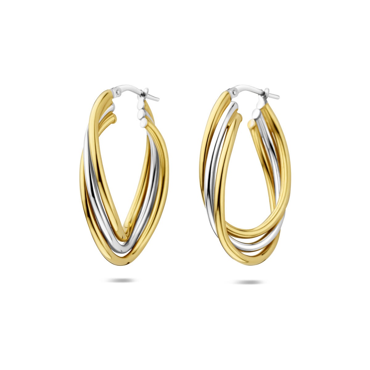 Pendientes de aro bicolores en forma ovalada, con acabado en plata y oro.