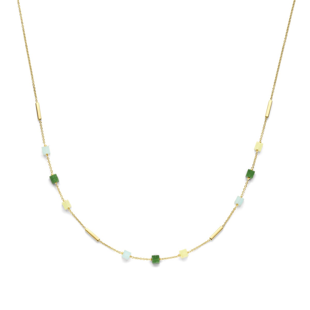 Collar dorado de 14k con cuarzo azul y verde, con cuentas en forma de cubo y barra.