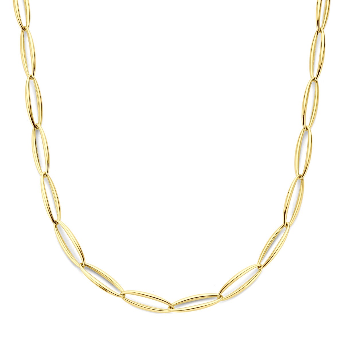 Collar de dama en oro amarillo de 14k, con eslabones ovalados de 9,5 mm y longitud de 45 cm.