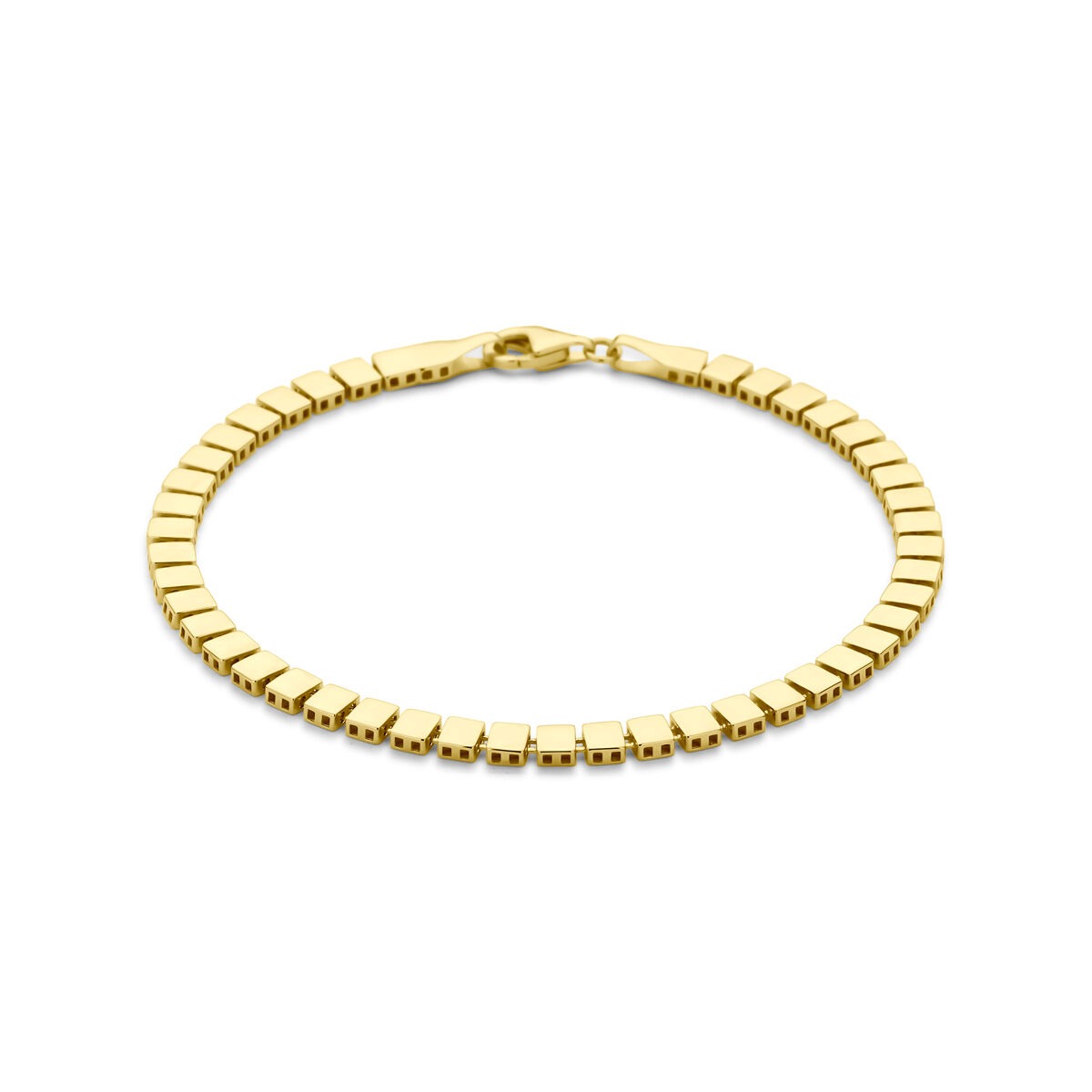 Pulsera dorada de 14k con eslabones finos en forma de bola y barra, 3,9 mm de ancho y 19 cm de largo.
