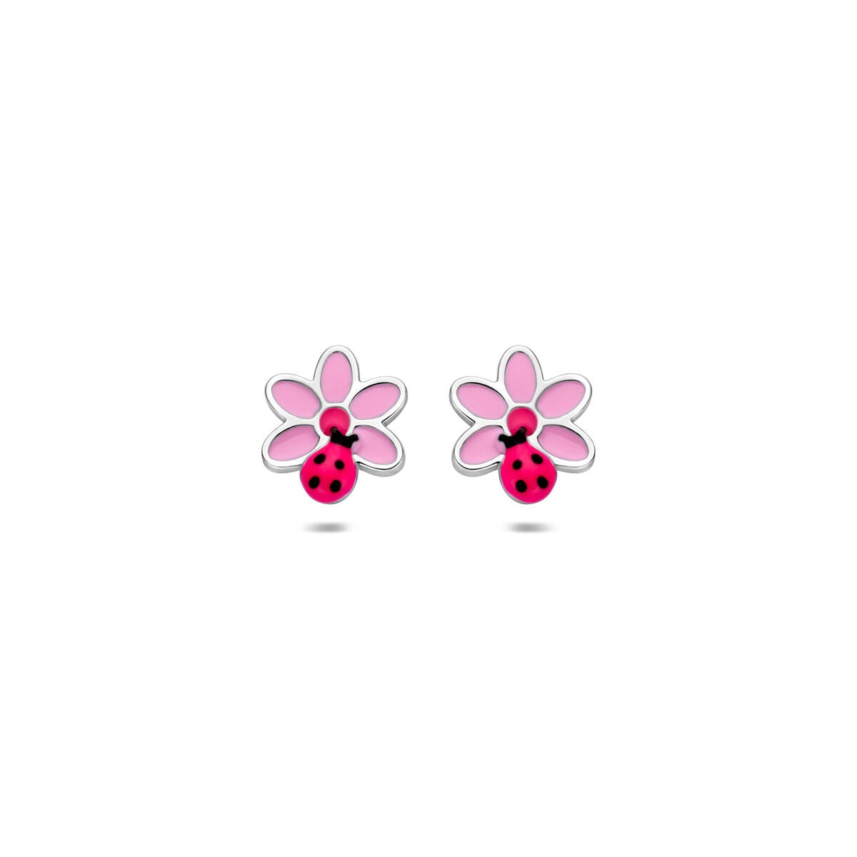 Pendientes de primera puesta de plata 925 con flores rosas y un mariquita.