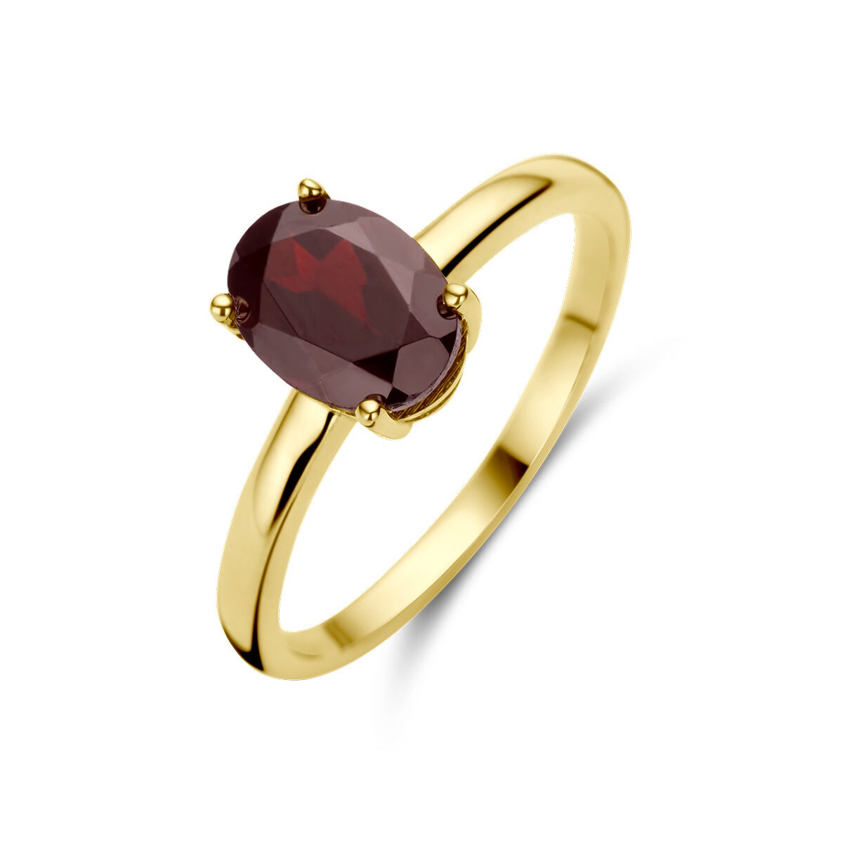 Anillo de granate en oro amarillo de 14 quilates con piedra ovalada.