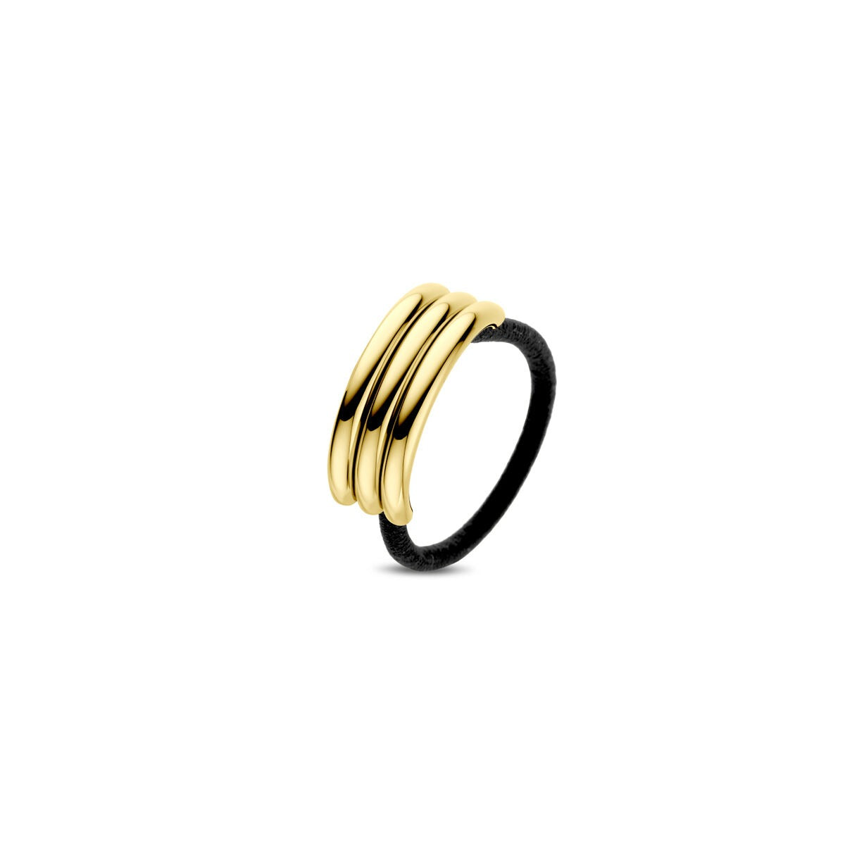 Cuff de cabello de acero dorado con ionización, tres bandas, diámetro de 12 mm y altura de 34 mm.