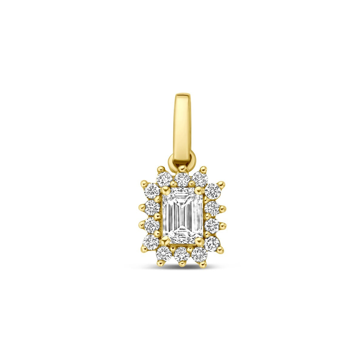Colgante de oro amarillo de 14k con diamante lab-grown y diamantes alrededor en forma rectangular.