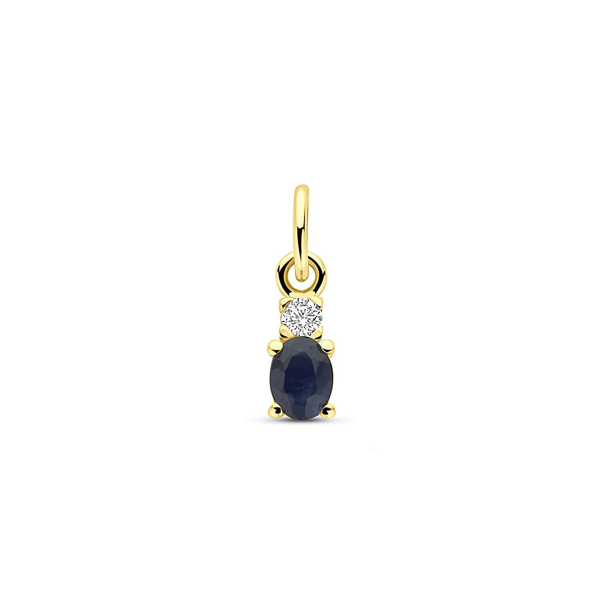 Colgante de oro amarillo de 14k con zafiro ovalado y circonita, mide 12 mm.