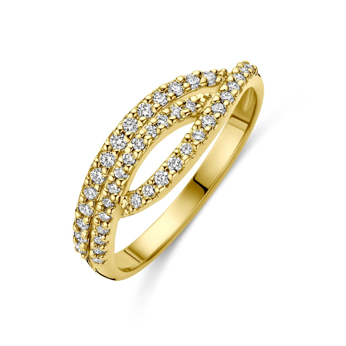 Anillo de oro amarillo de 14k con diamantes de laboratorio en diseño entrelazado.