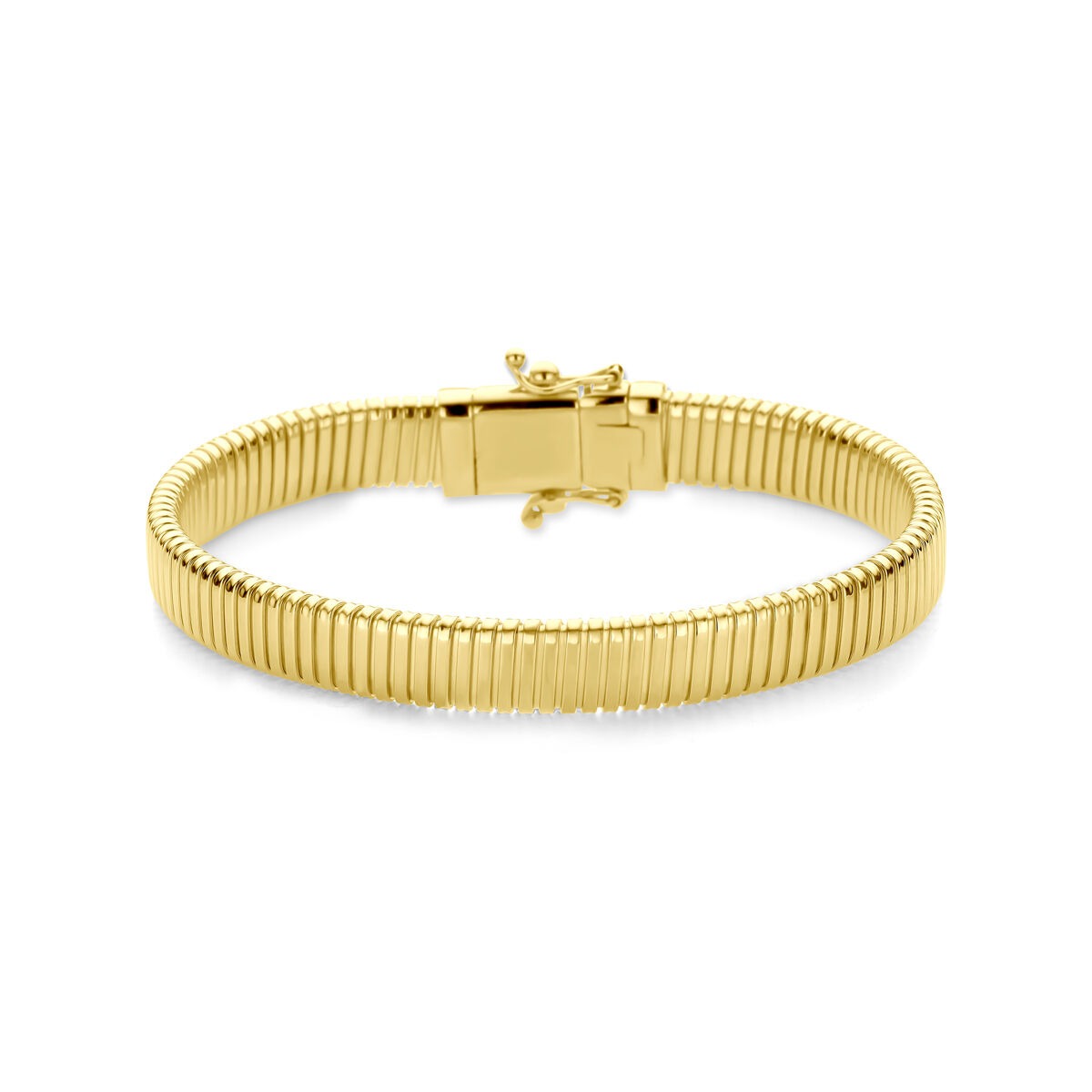 Pulsera de dama en oro amarillo de 14k con eslabones tubogas.