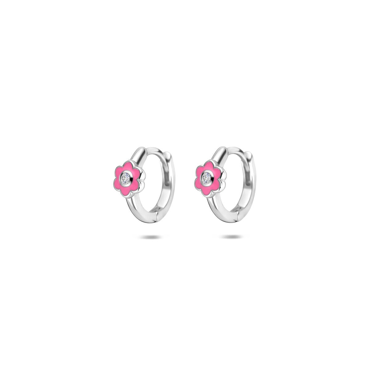 Aros de plata 925 rodiada con flores rosas y un detalle brillante en el centro.