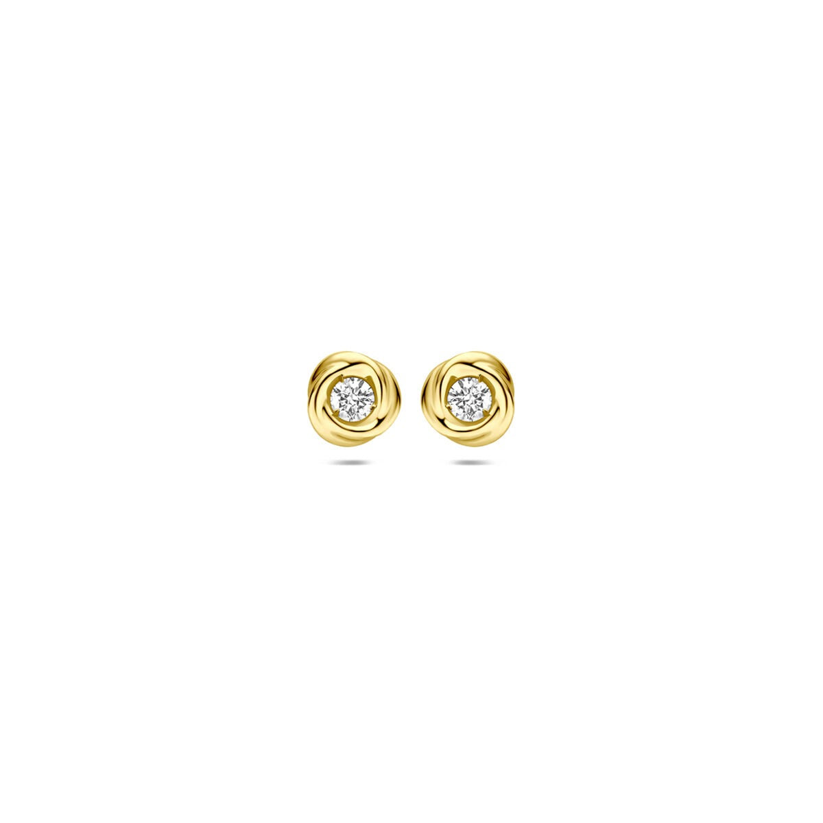 Pendientes de oro amarillo de 14k con diamantes lab-grown en un diseño circular.