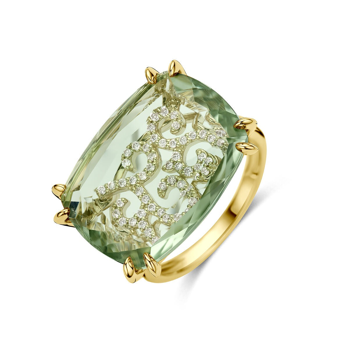 Anillo de oro amarillo de 14k con amatista verde y diamantes, de forma rectangular y detalles brillantes.