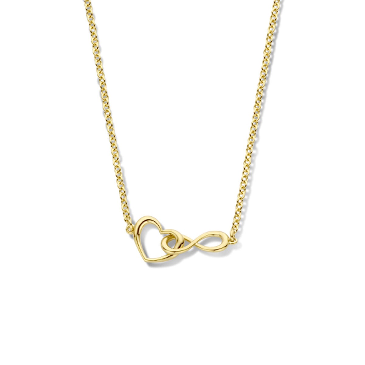 Goudkleurige ketting met een hart- en infinity-symbool, fijne schakelketting.