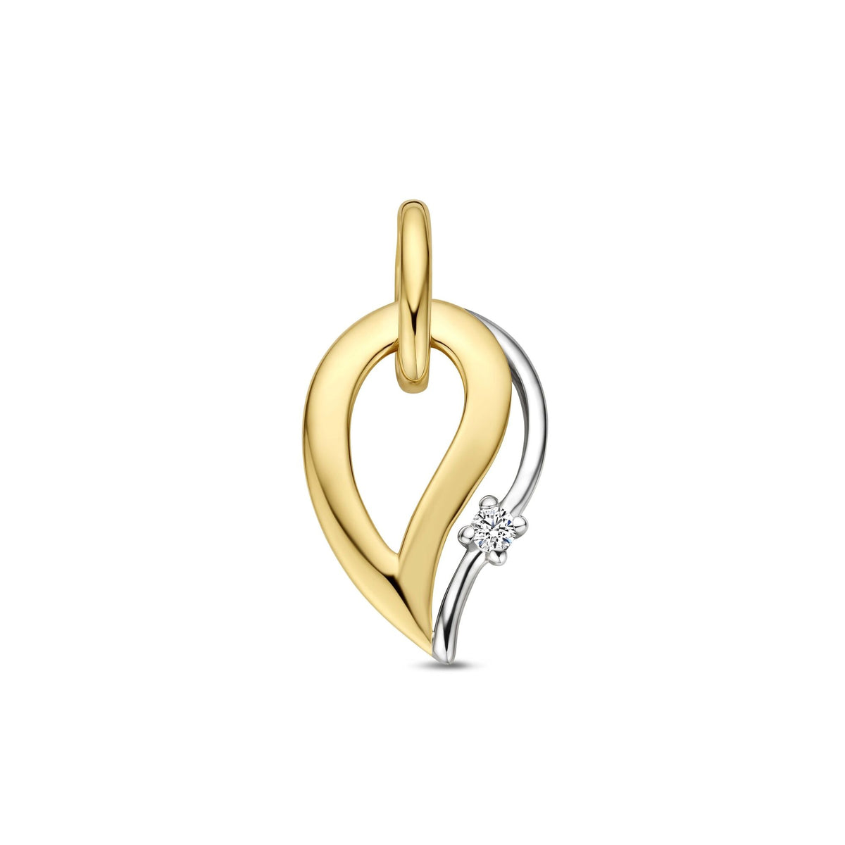 Colgante de oro amarillo de 14k con un diamante brillante y diseño en forma de lágrima.