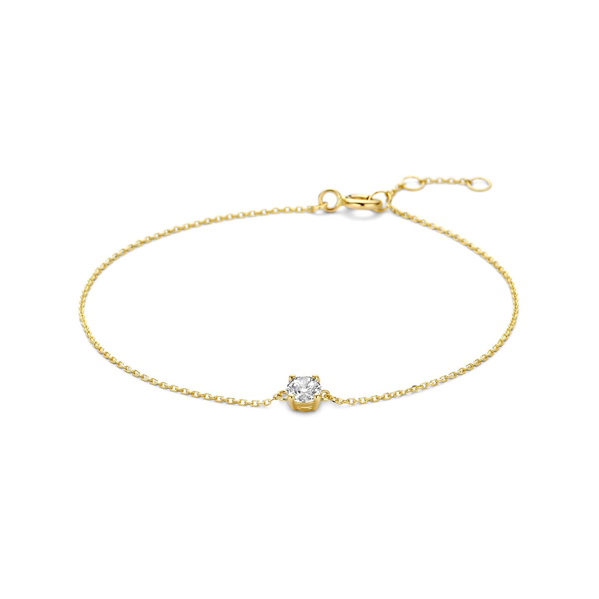 Pulsera de 9 quilates color amarillo con zirconia, cadena delicada y detalle central brillante.