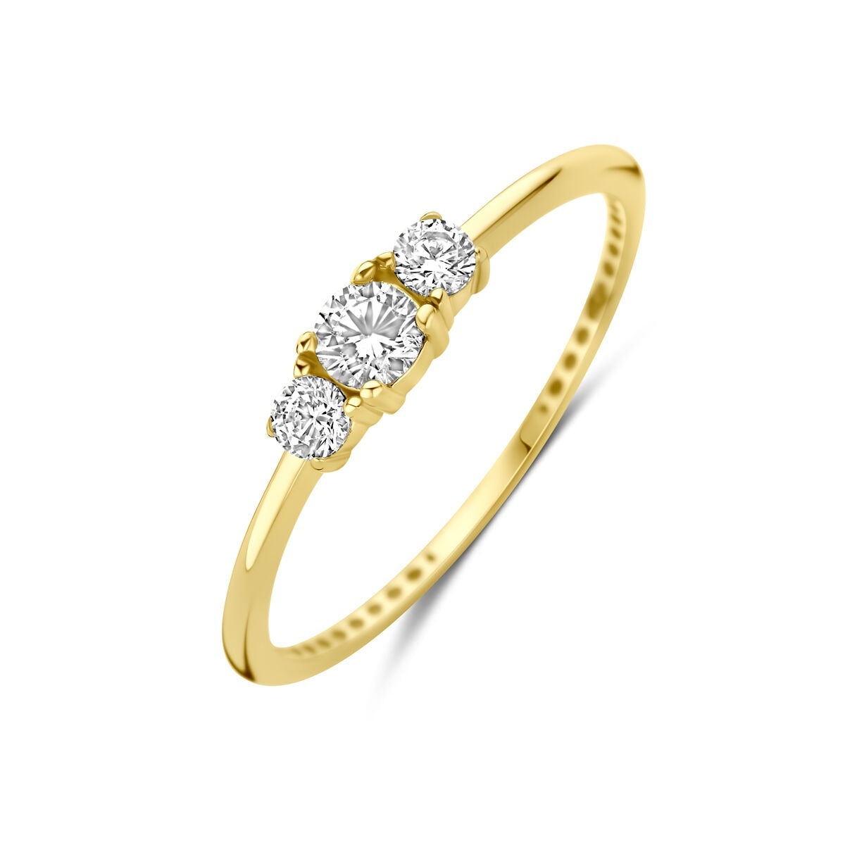 Anillo de dama de oro amarillo de 9 quilates con tres circonitas brillantes, 3,5 mm de ancho.