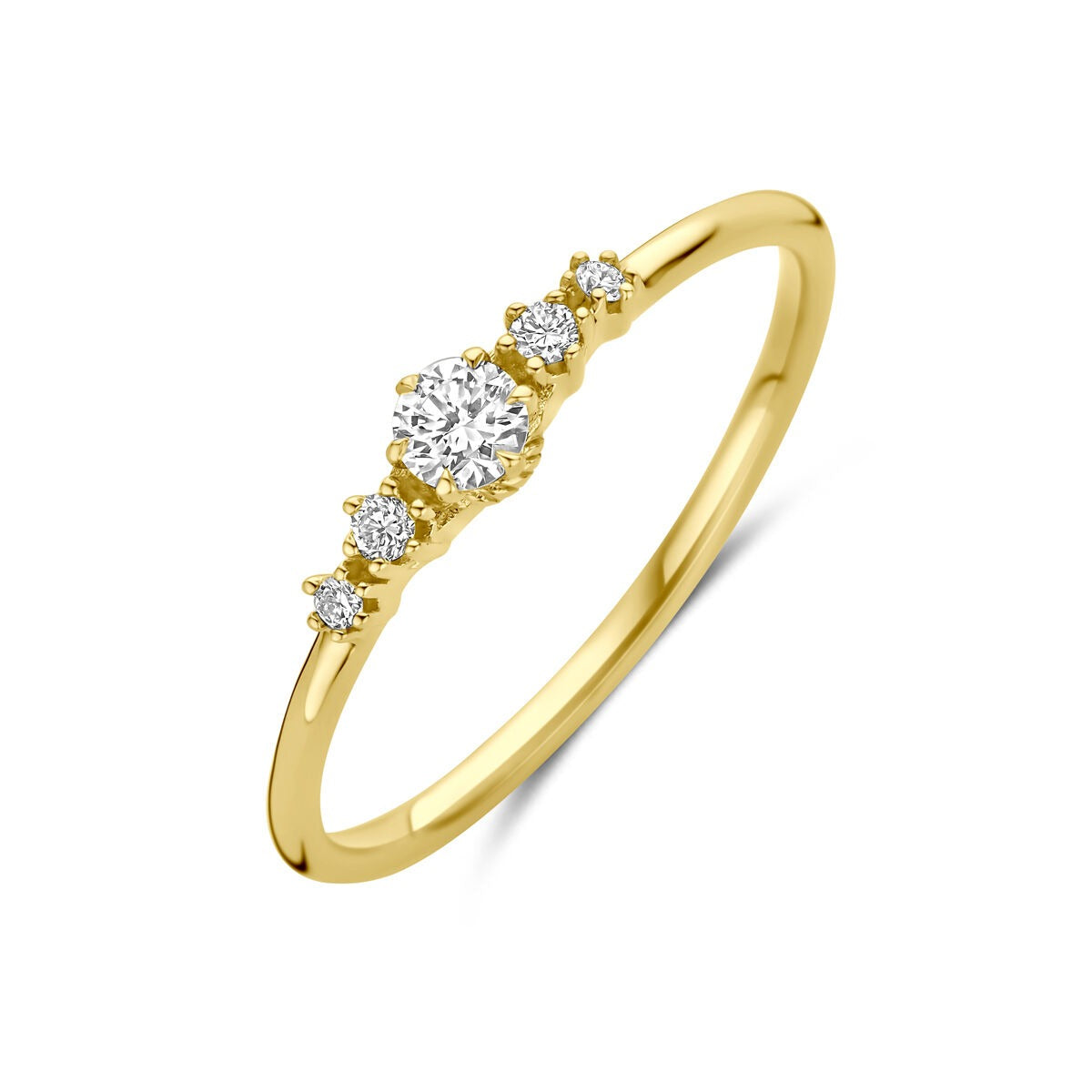 Anillo de oro amarillo de 14k con diamante cultivado en laboratorio y detalles brillantes.