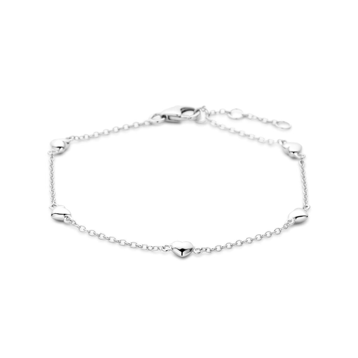 Pulsera de plata con corazones, rodiada, de 18.5 cm de longitud.