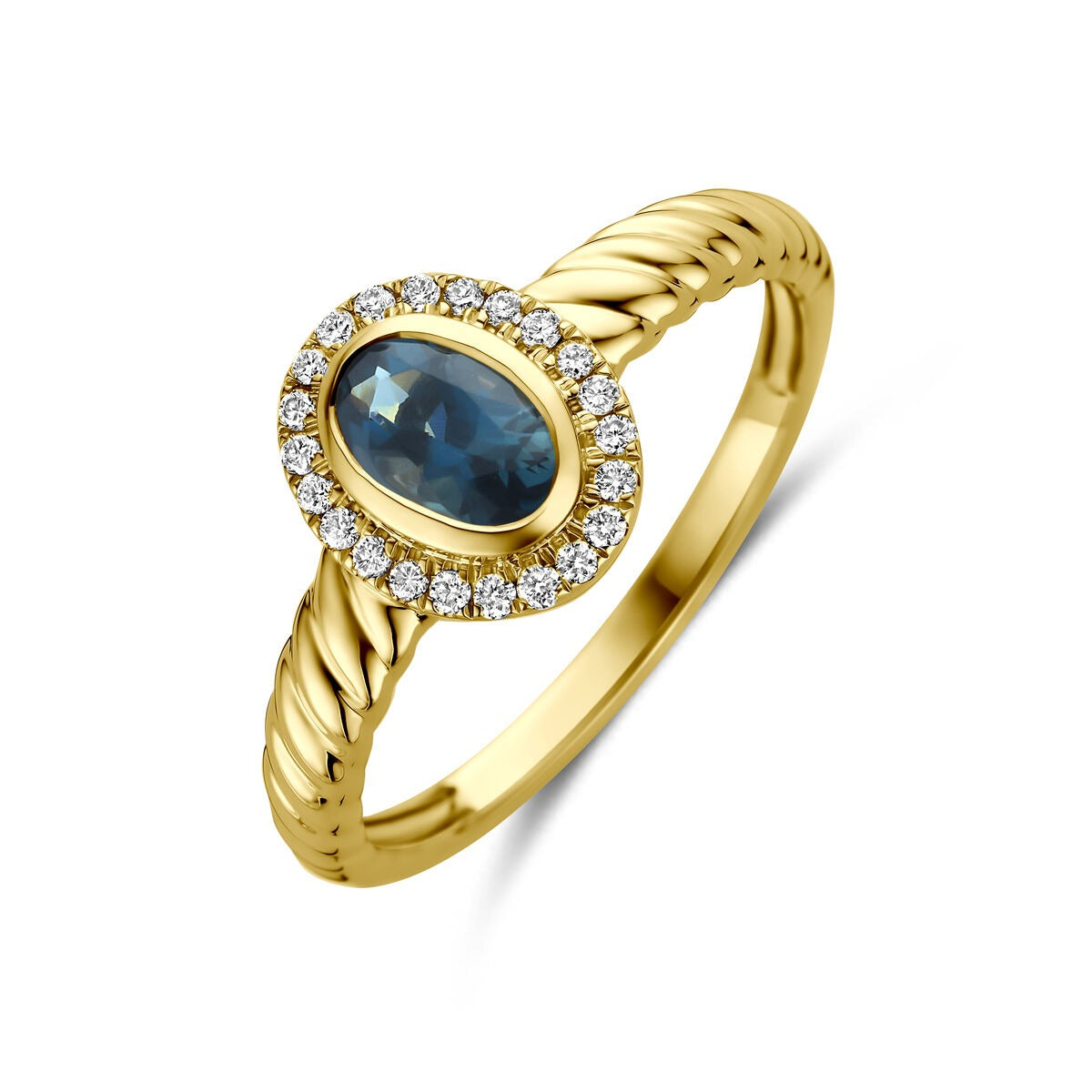 Anillo de oro amarillo de 14k con topacio azul de Londres y diamantes cultivados en laboratorio.
