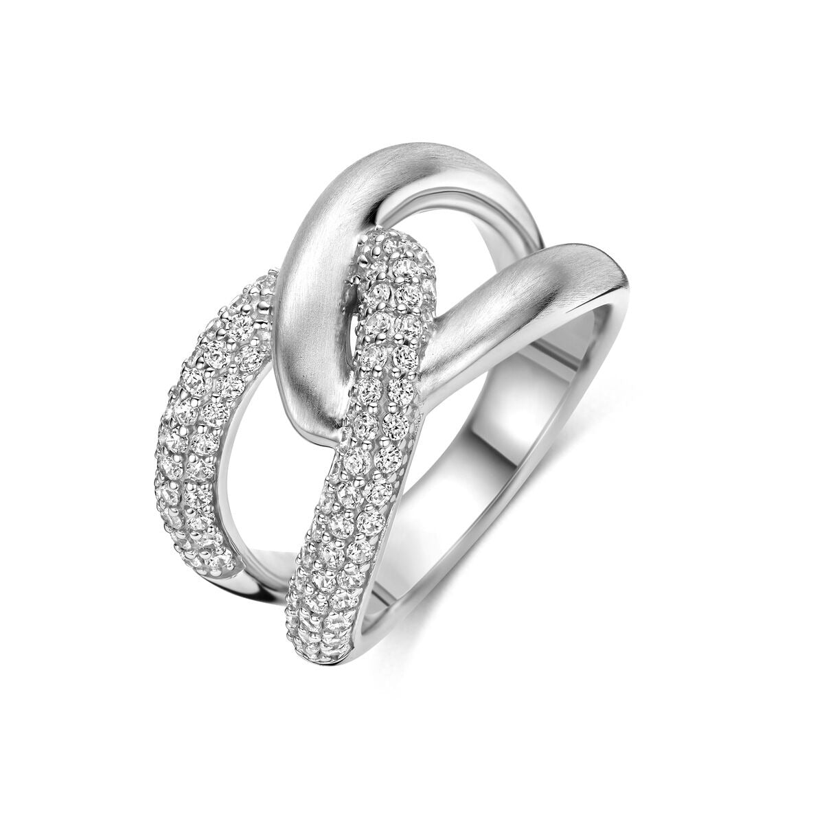 Anillo de plata 925 rodiada con pavé de circonitas brillantes en forma entrelazada.