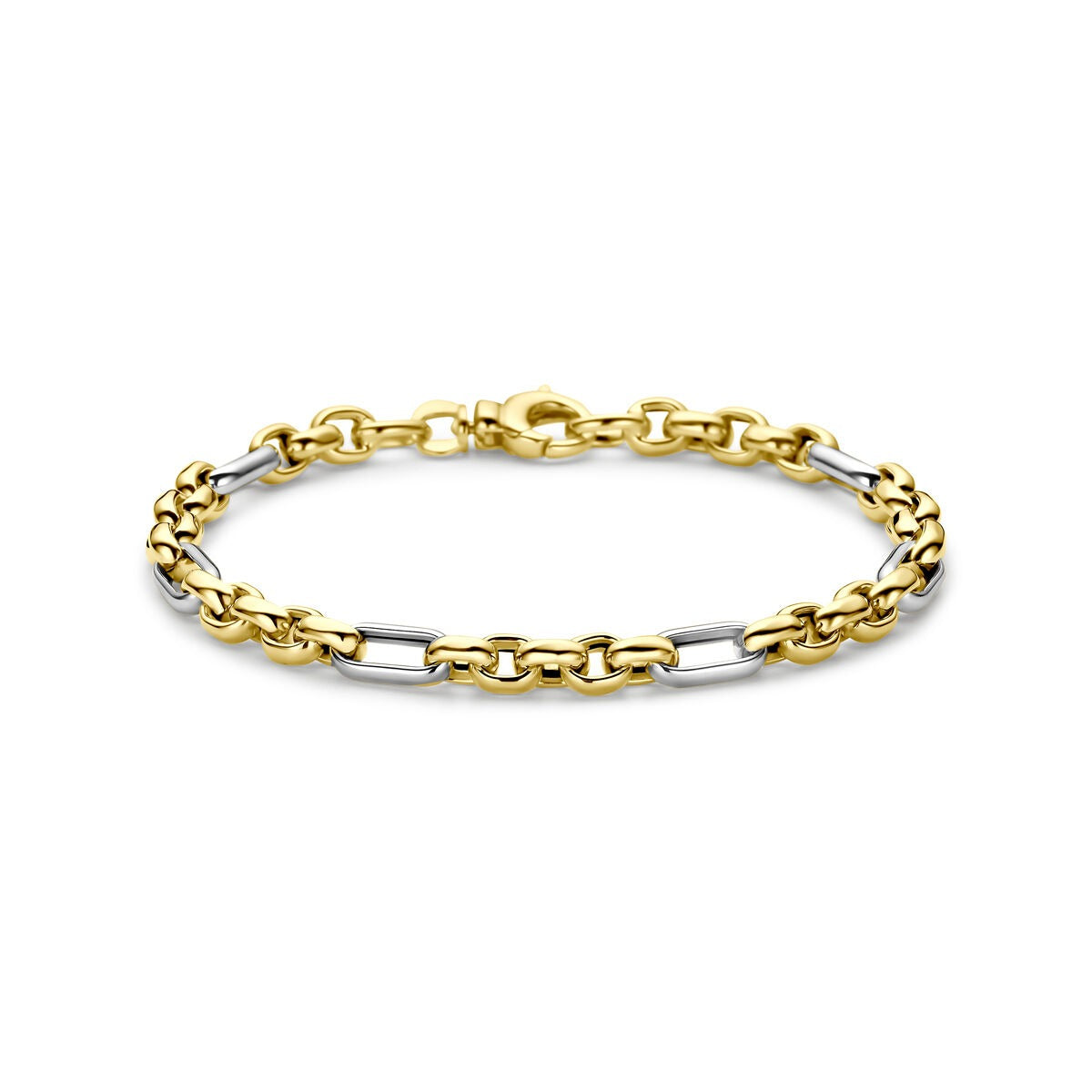 Pulsera de ancla bicolor en oro de 14 quilates, con eslabones dorados y plateados.