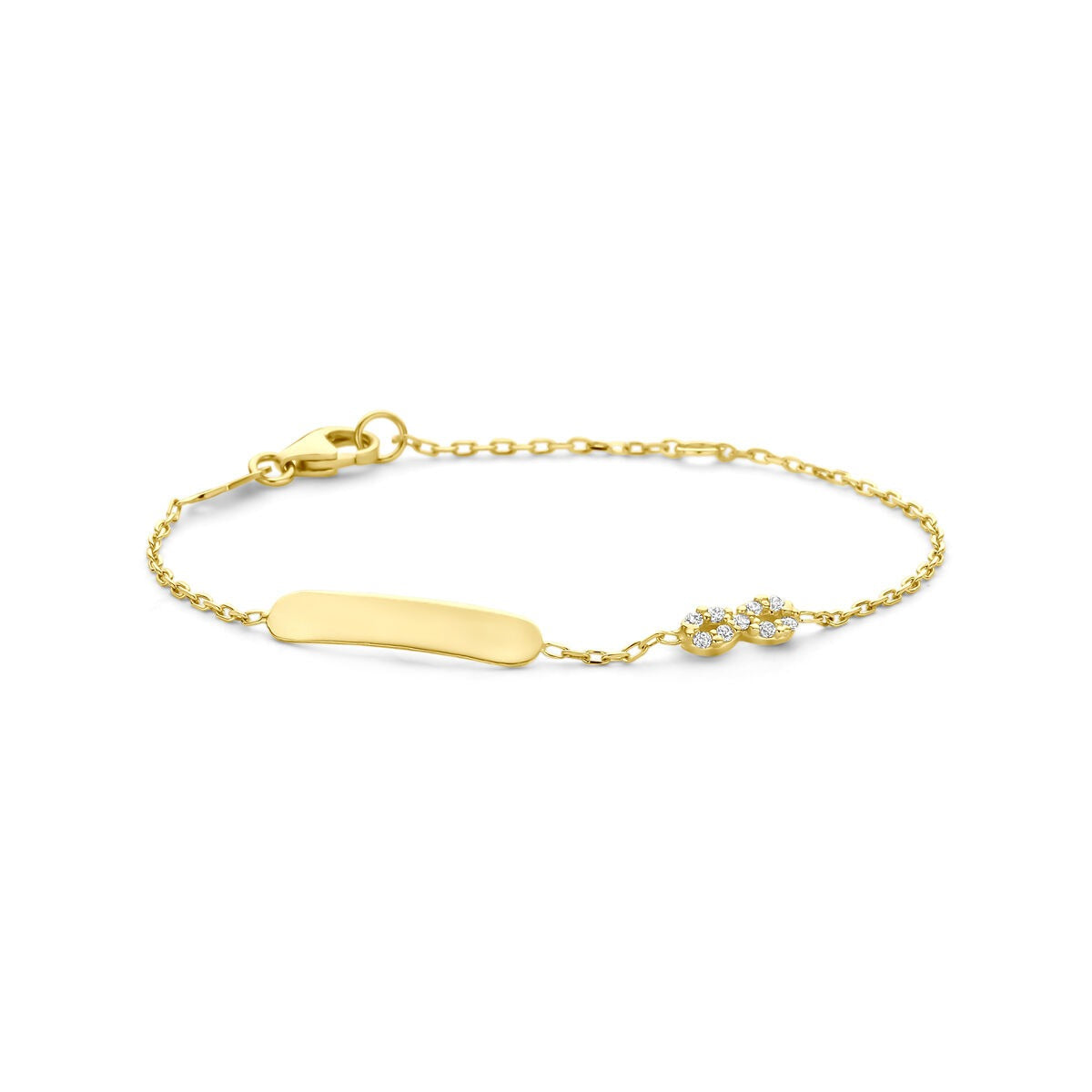 Pulsera de grabado en oro de 14k con símbolo de infinito y circonitas.