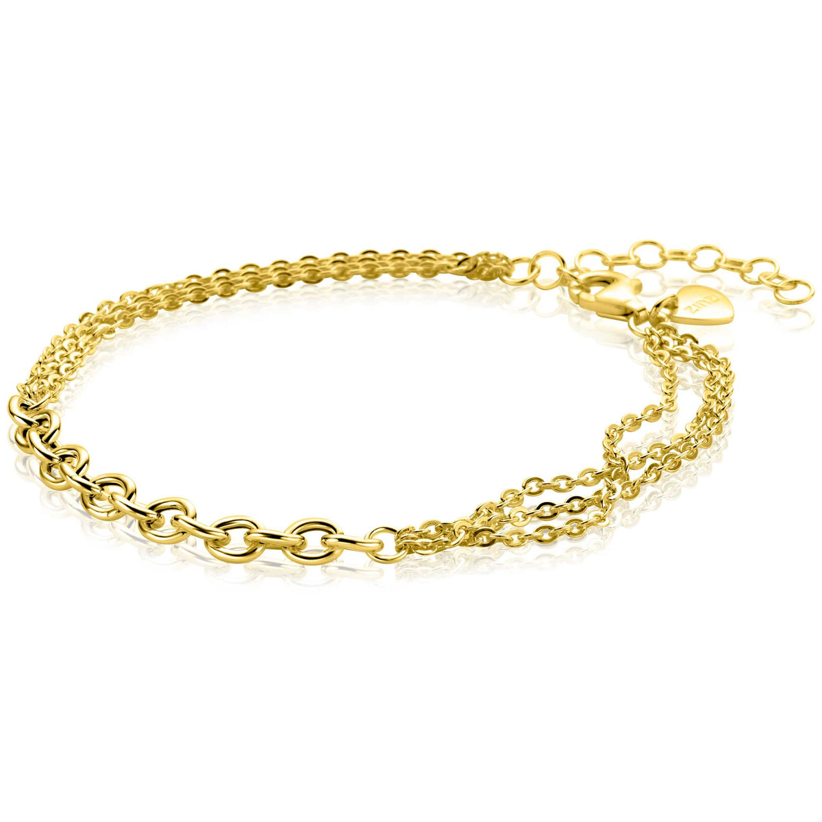 Pulsera dorada con eslabones entrelazados y cadena ajustable.