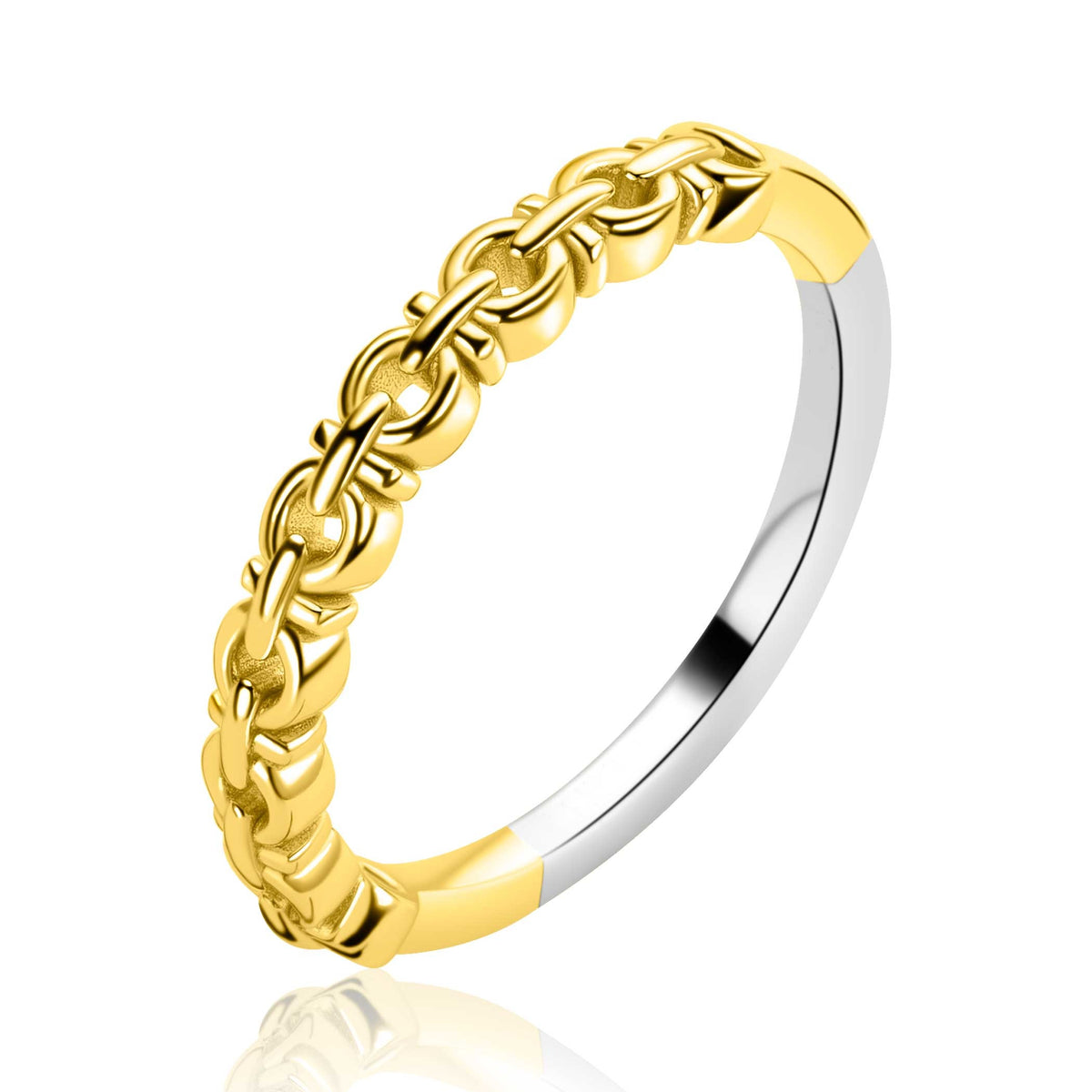 Anillo dorado con diseño entrelazado y acabado brillante, parte en plata.