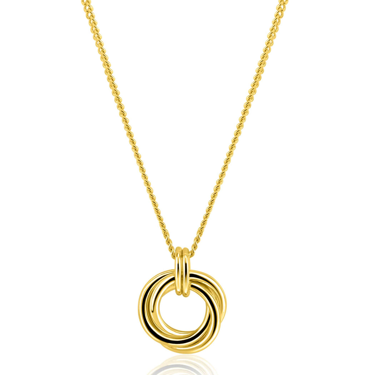 Collar dorado con colgante de aros entrelazados.