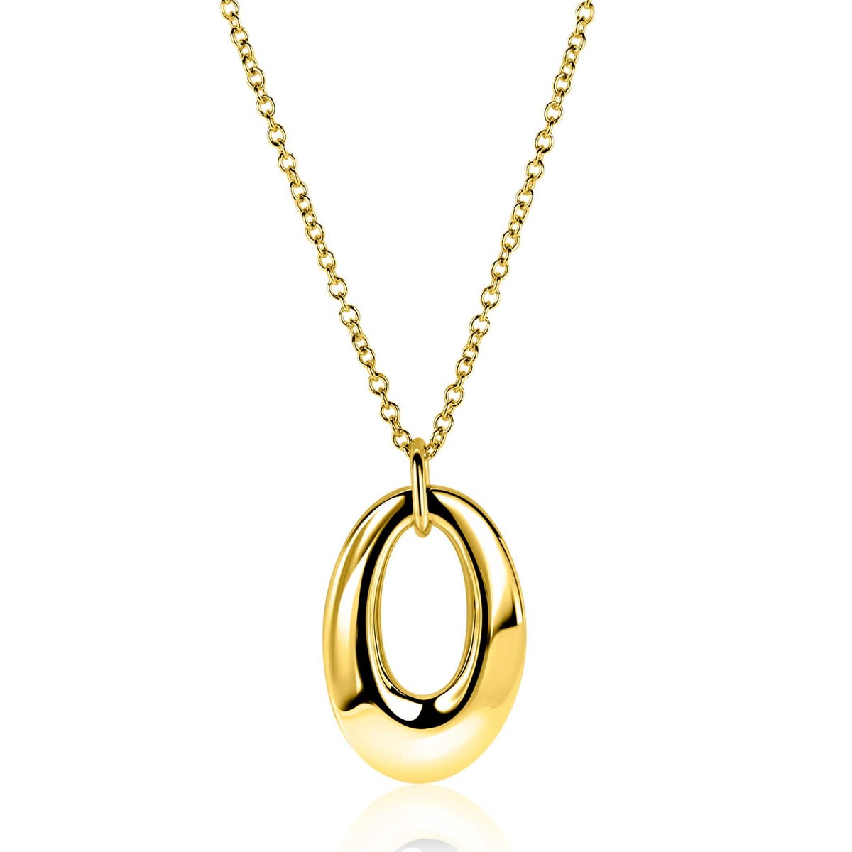 Collar dorado con colgante ovalado y cadena delicada.