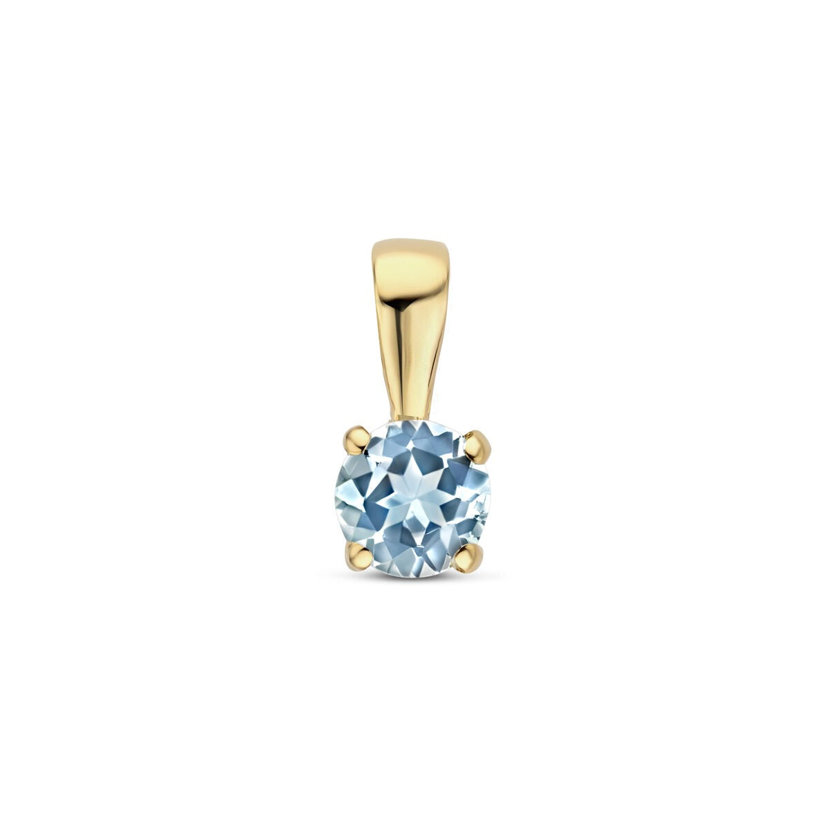 Colgante de oro amarillo de 14k con topacio azul, forma redonda y engaste de cuatro garras.