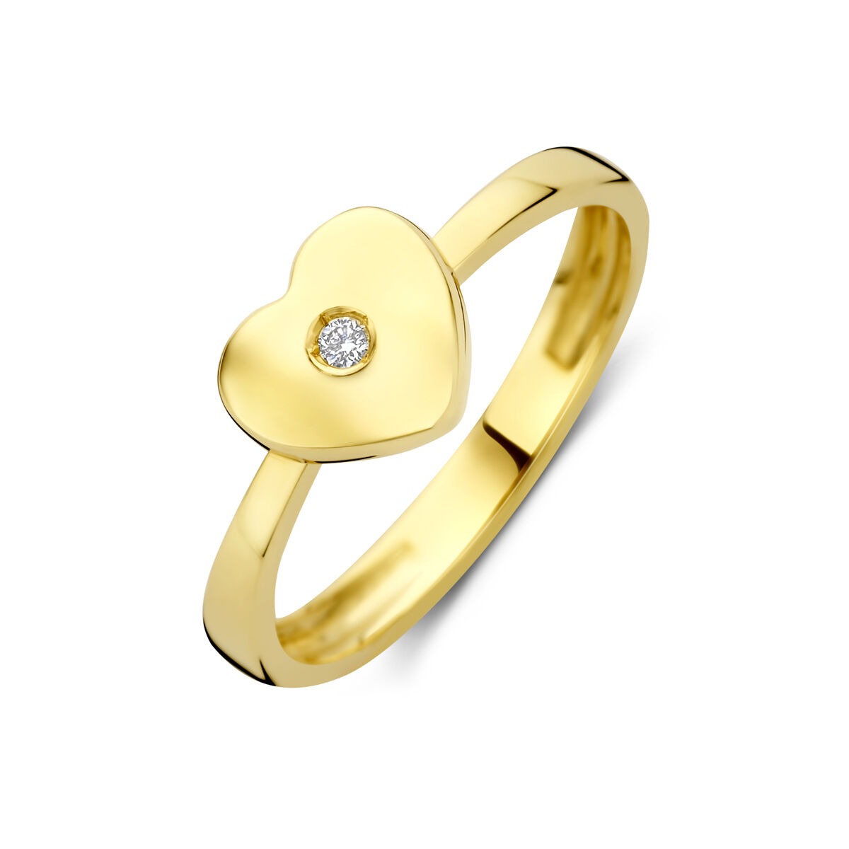 Anillo infantil de oro amarillo de 14k con forma de corazón y diamante lab-grown.