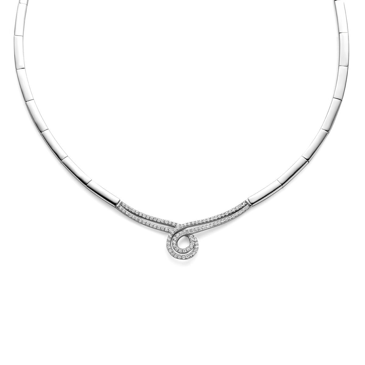 Collar de plata 925 rodiada con detalle en espiral y circonitas brillantes.