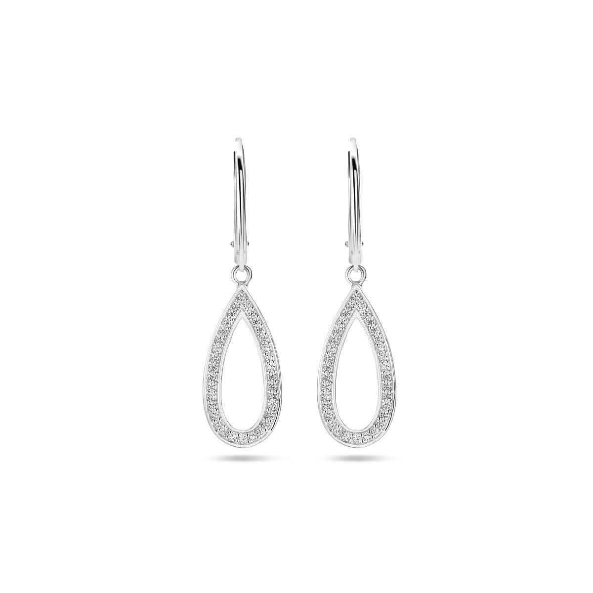 Pendientes largos de plata con circonitas, con acabado rodiado en forma de gota.