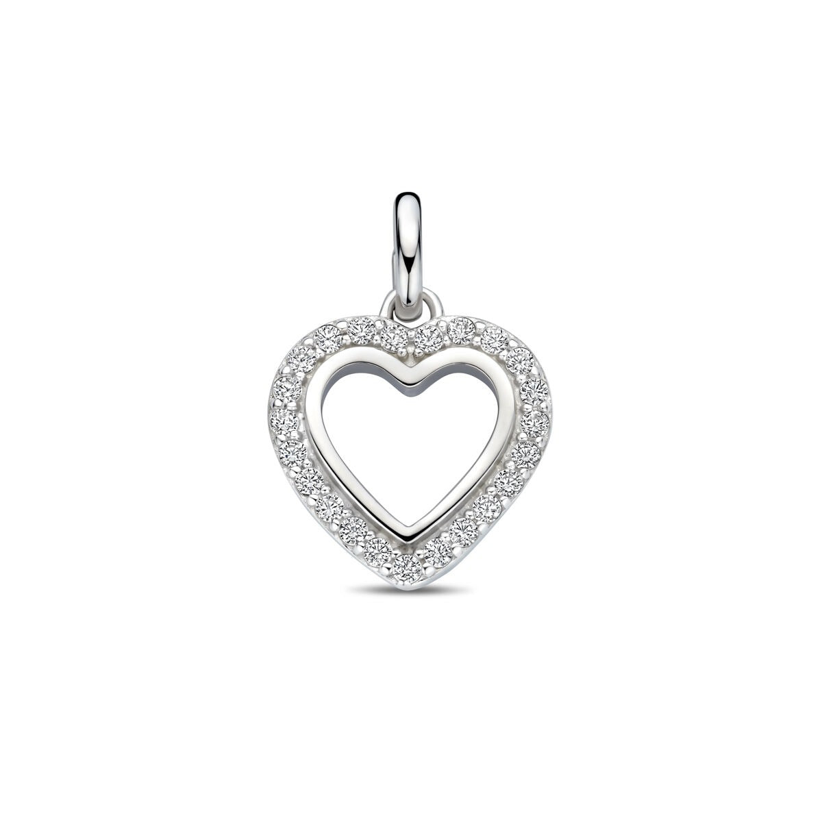 Colgante en forma de corazón de plata rodiada 925 con circonitas, de 17,5 mm de altura.
