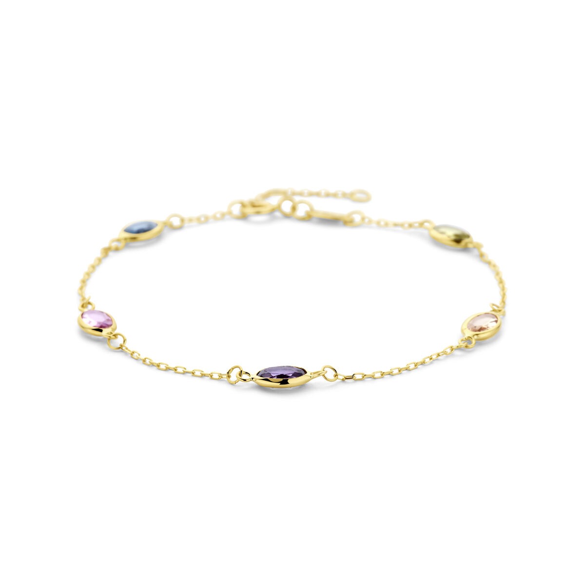 Pulsera de oro amarillo de 14k con piedras preciosas sintéticas en forma ovalada.