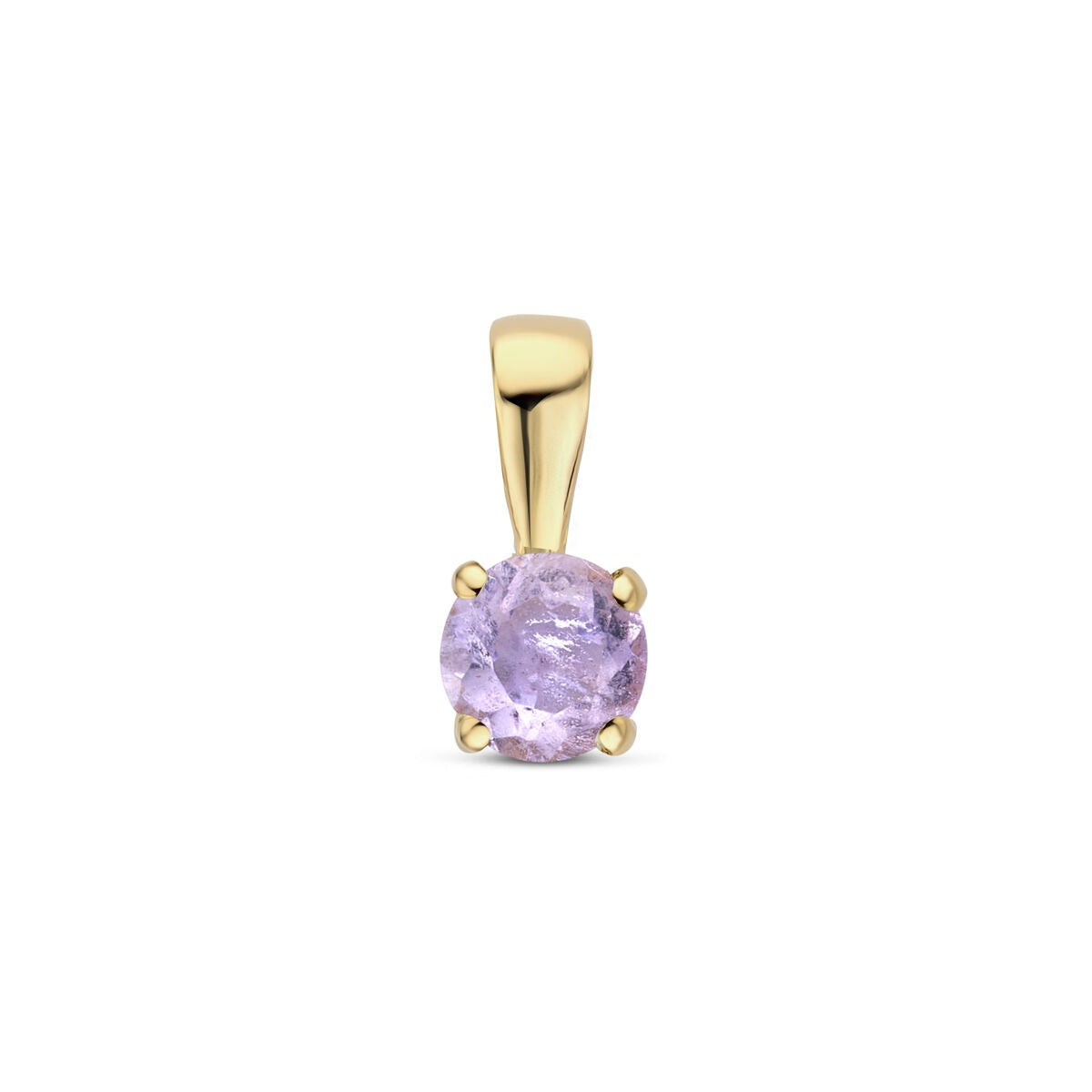 Colgante de oro amarillo de 14k con una piedra de amatista redonda y engaste de cuatro garras.