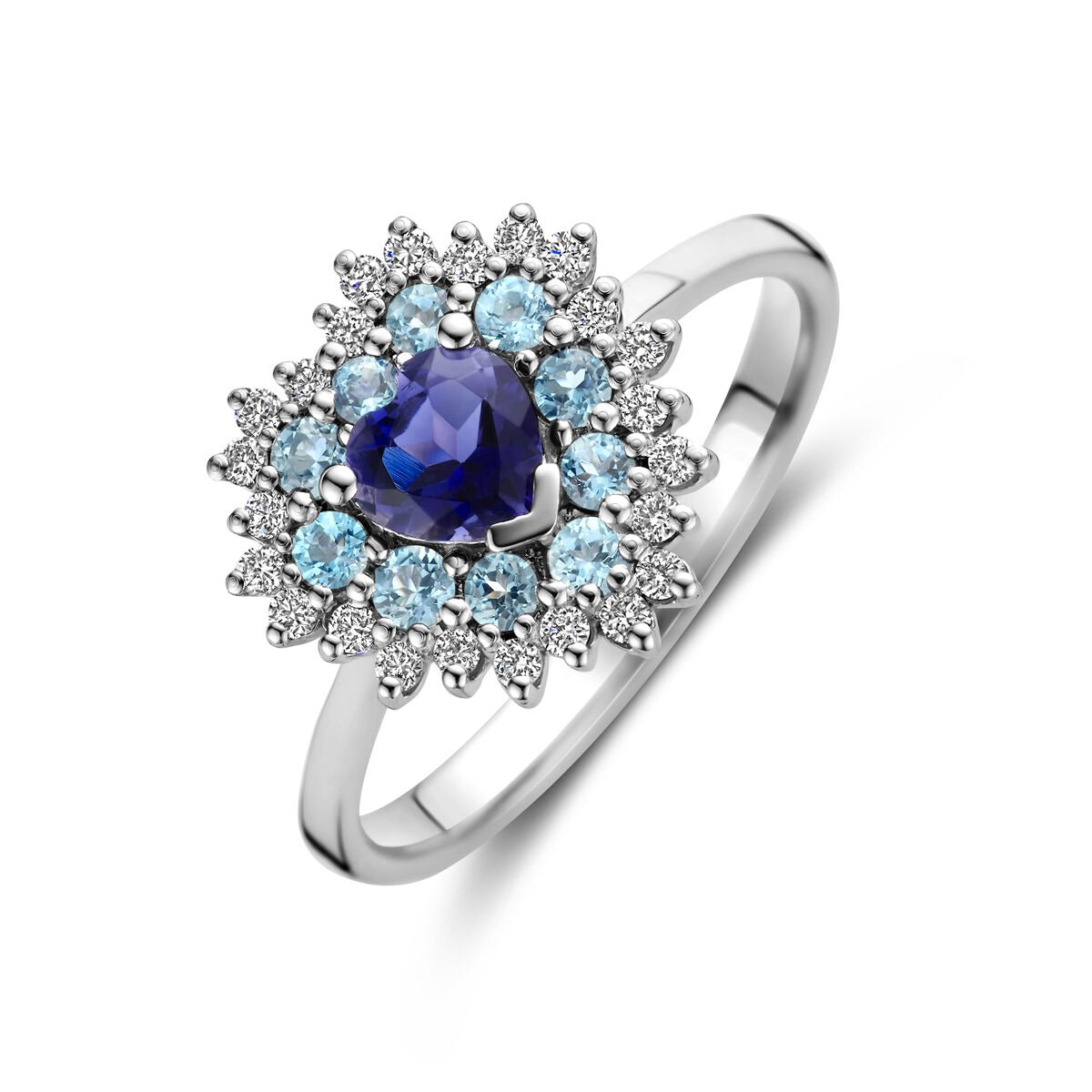 Anillo de oro blanco con forma de corazón, topacio azul de Londres, iolita y diamantes.