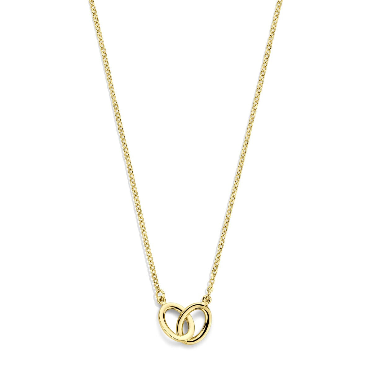 Collar de dama en oro amarillo de 14k con eslabones ovalados y un colgante entrelazado.