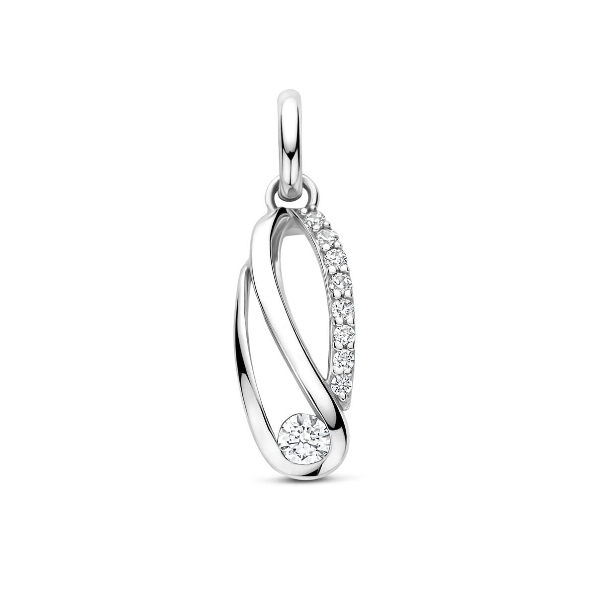Colgante de plata con circonitas, acabado rodiado, en forma de espiral con detalles brillantes.